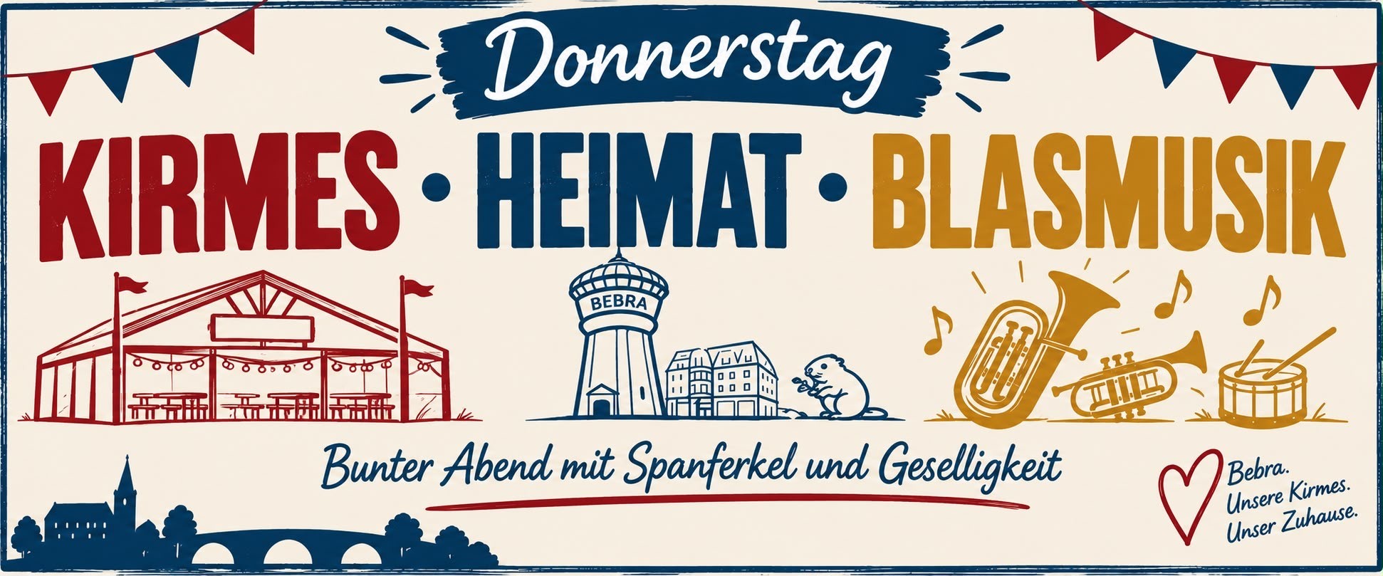 Illustration zum neuen Heimatabend mit Festzelt, Bebraer Wasserturm und Blasinstrumenten
